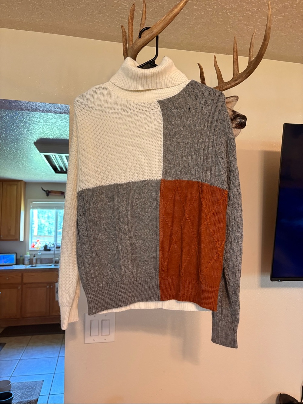 Colorblock Turtleneck Sweater - Ivory, Gray & Rust